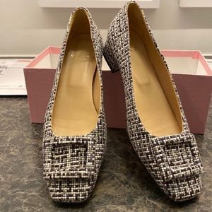 Ann Mashburn buckle flat in green tweed.  Italian leather low block heel.